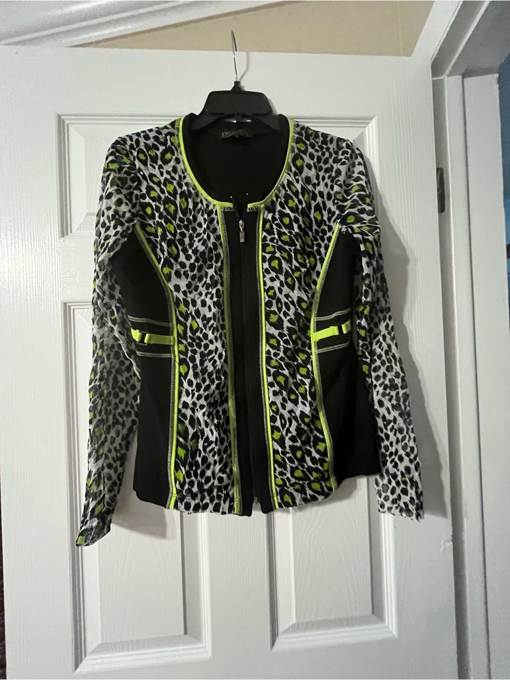 Leopard Print Neon-Trim Womens Jacket - Black & Green Piccadilly
